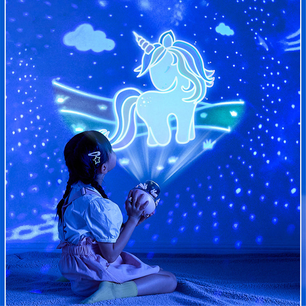 Projetor de luz noturna infantil para quarto de bebê, com rotação espacial, recarregável via USB, 12 filmes
