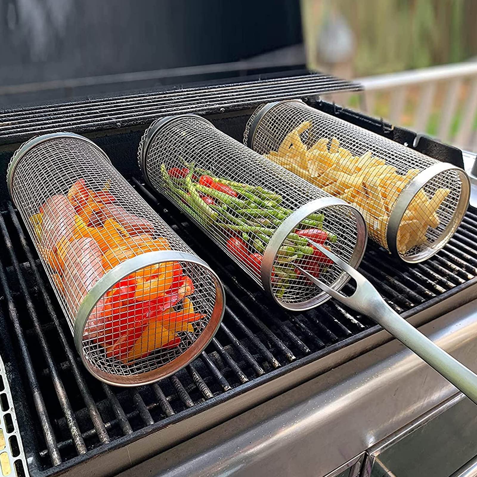 Cesto de grelhar com rodinhas, em metal, para churrasco, portátil, para camping e atividades ao ar livre. Utensílios de cozinha.