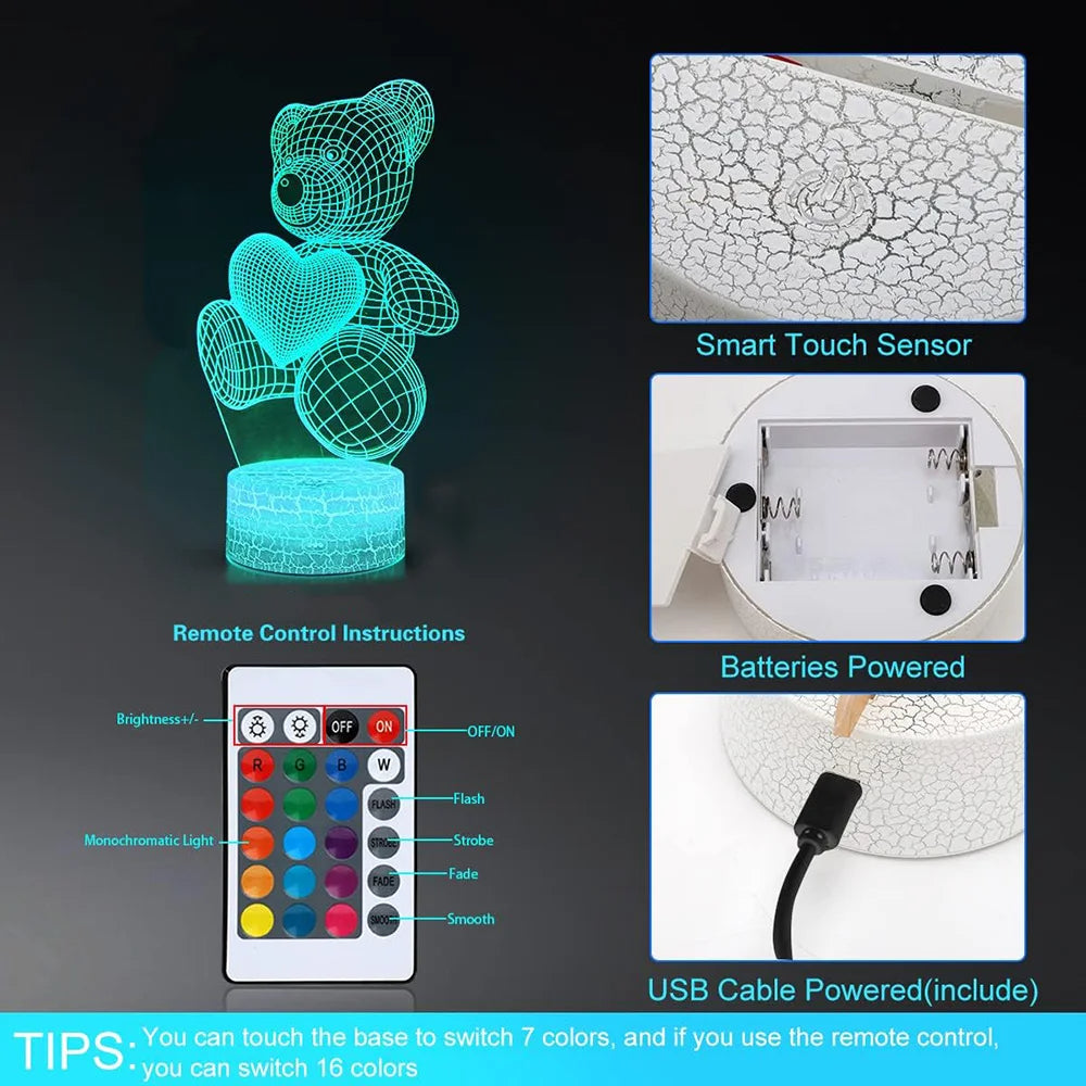 Luminária 3D LED Ursinho de Pelúcia — 16 Cores + Controle Remoto