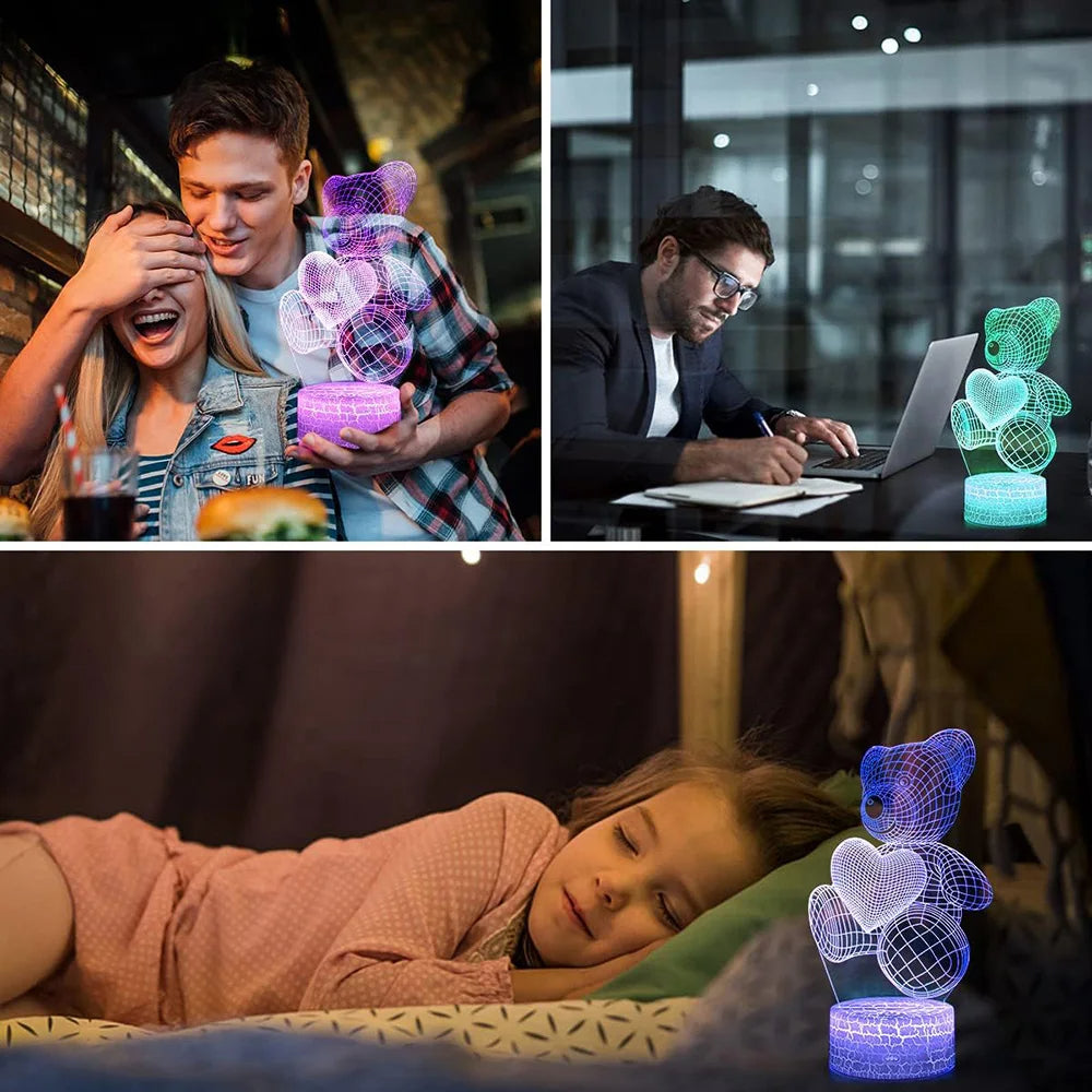Luminária 3D LED Ursinho de Pelúcia — 16 Cores + Controle Remoto