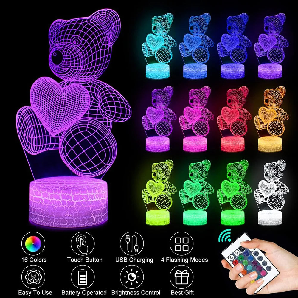 Luminária 3D LED Ursinho de Pelúcia — 16 Cores + Controle Remoto