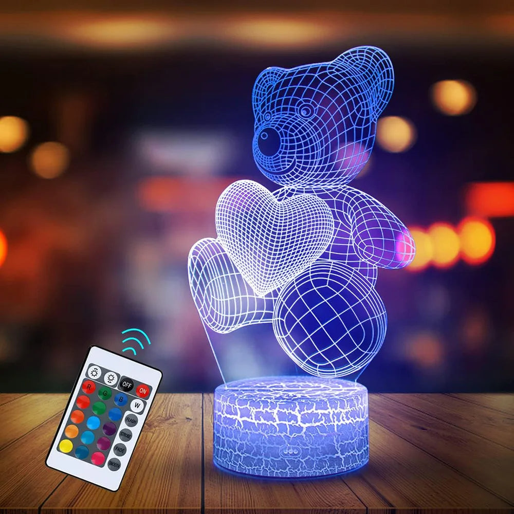 Luminária 3D LED Ursinho de Pelúcia — 16 Cores + Controle Remoto