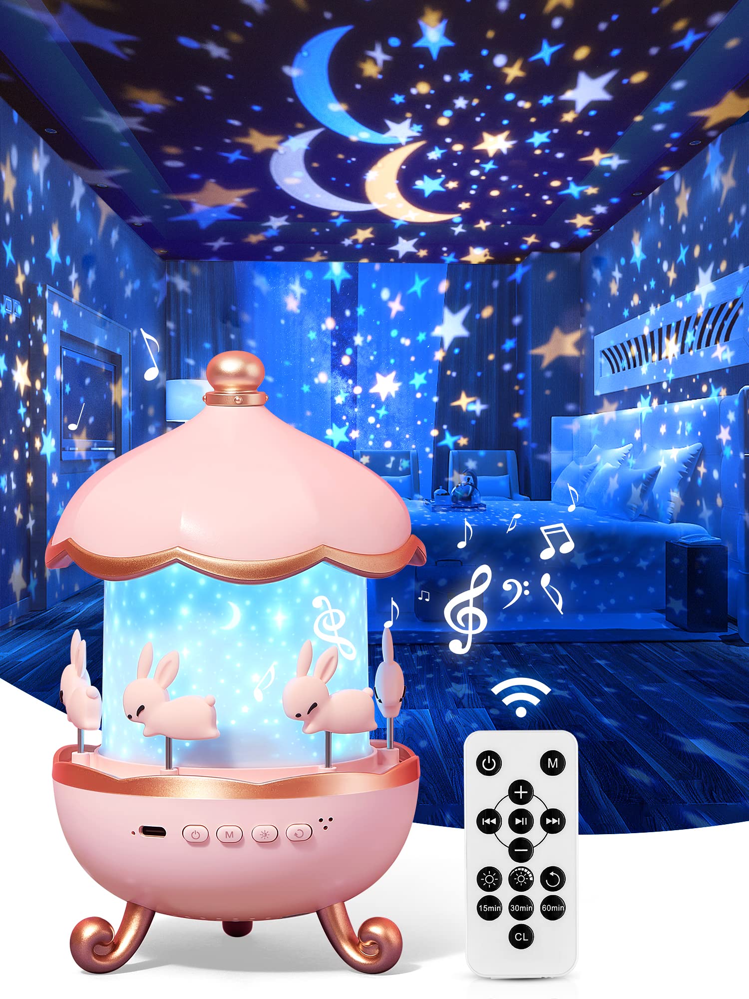 Projetor de luz noturna infantil para quarto de bebê, com rotação espacial, recarregável via USB, 12 filmes