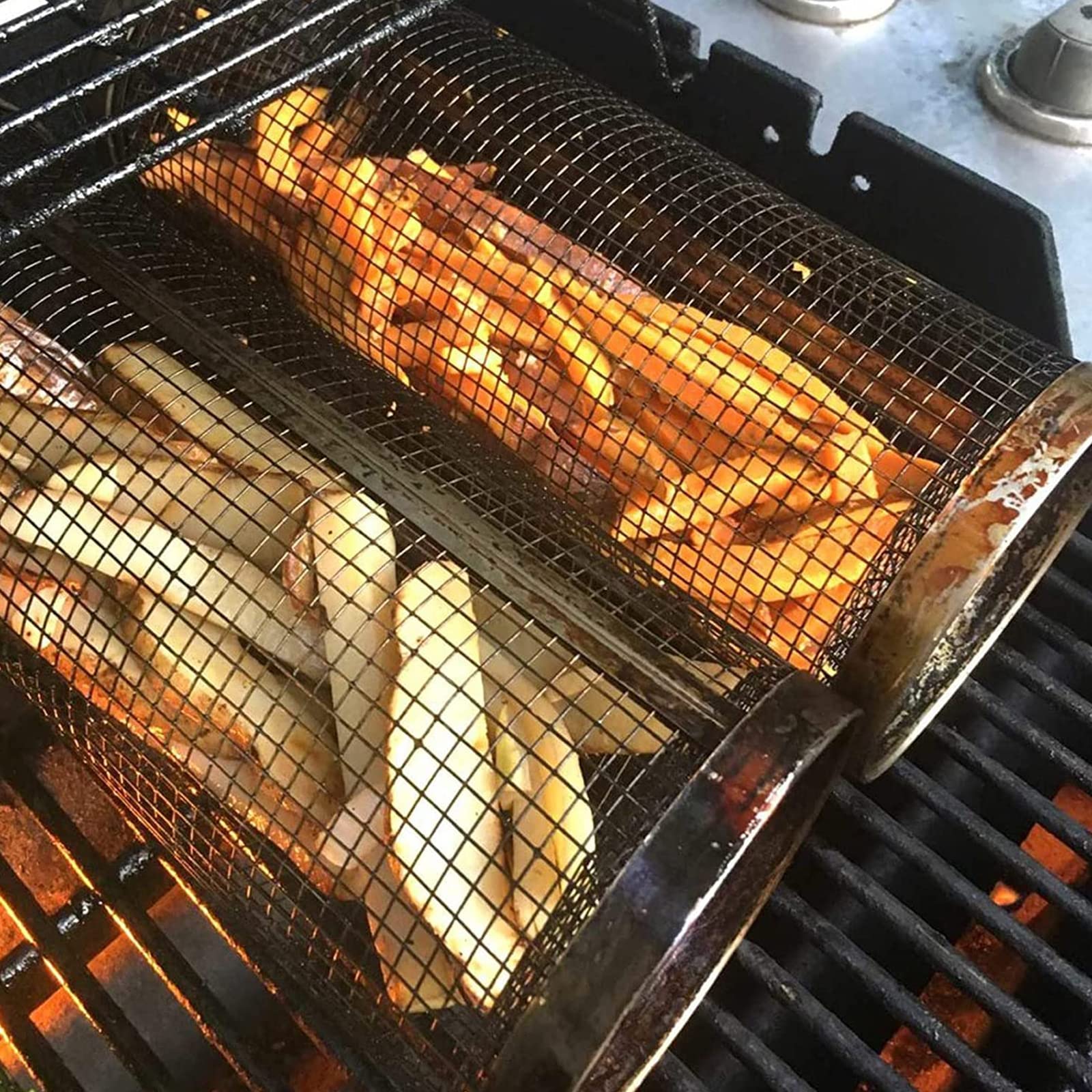 Cesto de grelhar com rodinhas, em metal, para churrasco, portátil, para camping e atividades ao ar livre. Utensílios de cozinha.